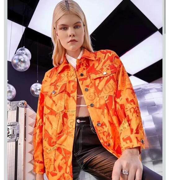 SHEIN Jackets & Blazers - Artsy Graffiti Jacket Large Orange Art is Life Button Front Pop Streetwear Shein